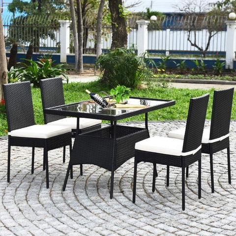 Outdoor Dining Set with Tempered Glass Top Table and Removable Seat Cushions in Black