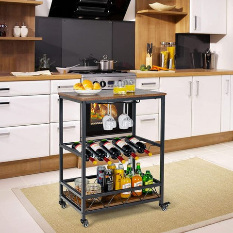 Portable Serving Trolley with 2 Glass Holders and Wine Rack