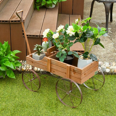 Garden Amish Styled Fir Wood Plant Holder with Metal Wheels