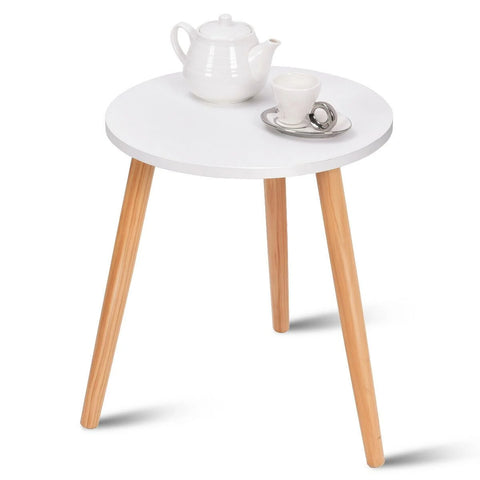 Lightweight and Minimalistic Round Side Table with Sturdy Wooden Legs in White