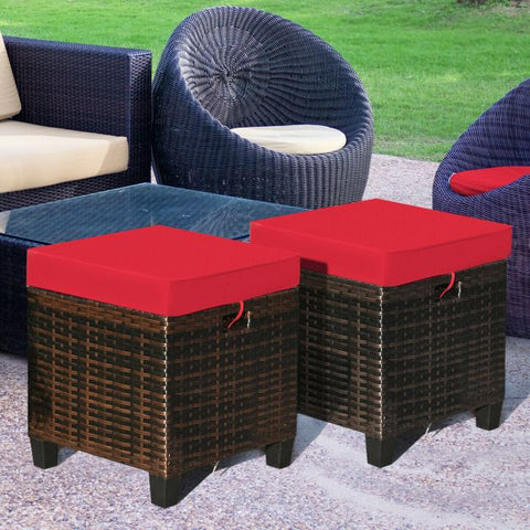 Outdoor Rattan Furniture Ottoman Set soft Cushions in Red