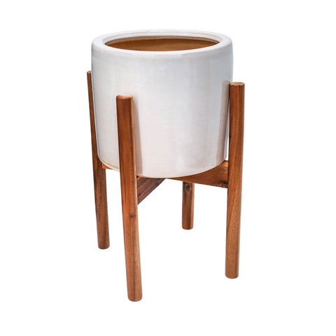Elegant Waterproof Planter with Wooden Stand in Stone White