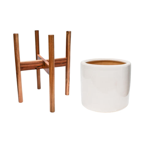 Elegant Waterproof Planter with Wooden Stand in Stone White