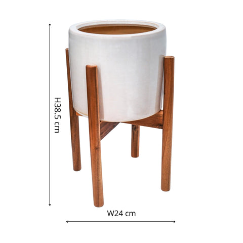 Elegant Waterproof Planter with Wooden Stand in Stone White