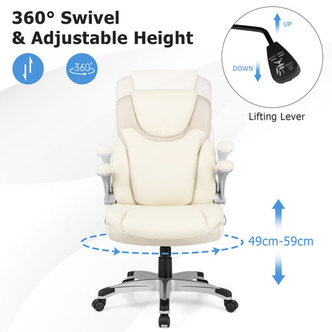 Modern Adjustable Executive Chair with Ergonomic Backrest and Flip-up Armrests in White