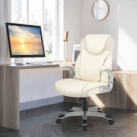 Modern Adjustable Executive Chair with Ergonomic Backrest and Flip-up Armrests in White