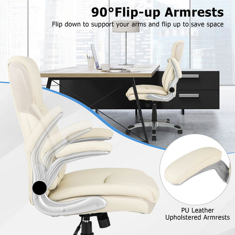 Modern Adjustable Executive Chair with Ergonomic Backrest and Flip-up Armrests in White