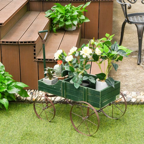 Garden Amish Styled Fir Wood Plant Holder with Metal Wheels