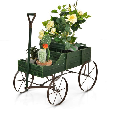 Garden Amish Styled Fir Wood Plant Holder with Metal Wheels