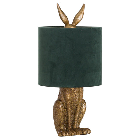 Unique and Elegant Green Velvet Table Lamp with Brushed Golden Hare Base