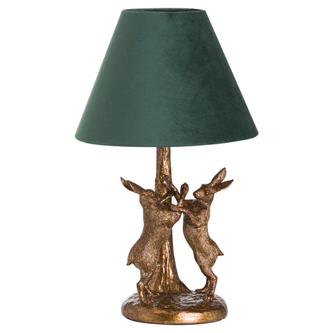 Luxurious Green Table Lamp with Antique Gold Decorative Marching Hares Base