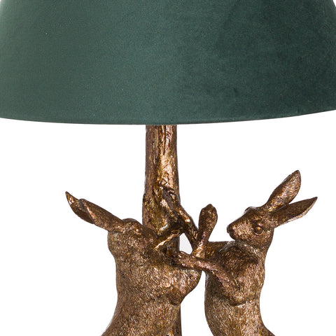 Luxurious Green Table Lamp with Antique Gold Decorative Marching Hares Base