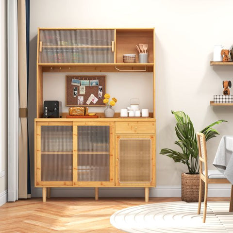 Traditional style Buffet Cabinet with Bamboo Finish and Glass Doors