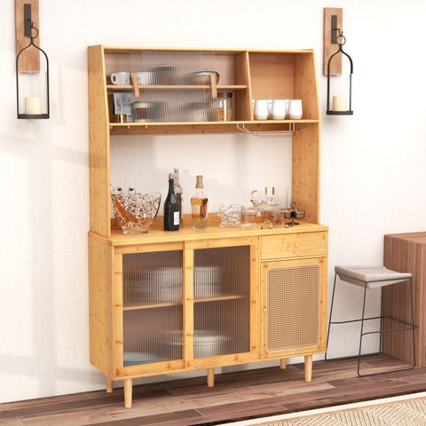 Traditional style Buffet Cabinet with Bamboo Finish and Glass Doors