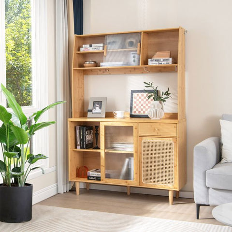 Traditional style Buffet Cabinet with Bamboo Finish and Glass Doors