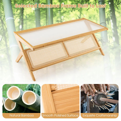 Natural Wooden Coffee Table with Bamboo Tempered Glass Top