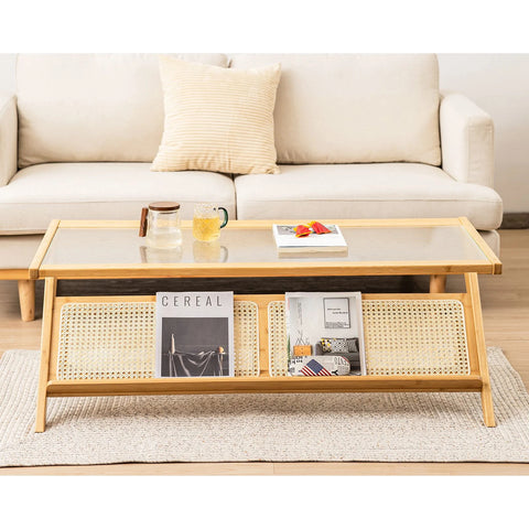 Natural Wooden Coffee Table with Bamboo Tempered Glass Top