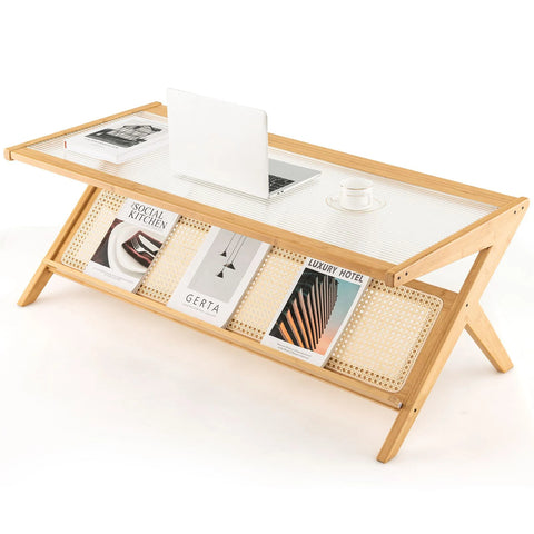 Natural Wooden Coffee Table with Bamboo Tempered Glass Top