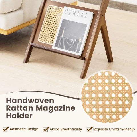 Compact Wood Side Table with Bamboo Frame and Tempered Glass Top