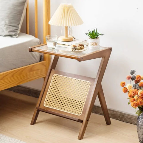 Compact Wood Side Table with Bamboo Frame and Tempered Glass Top