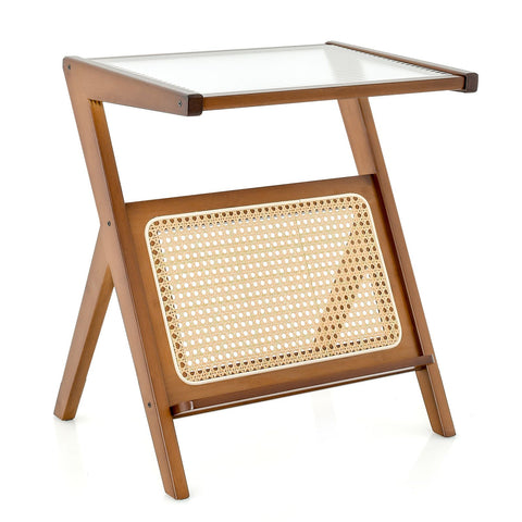 Compact Wood Side Table with Bamboo Frame and Tempered Glass Top