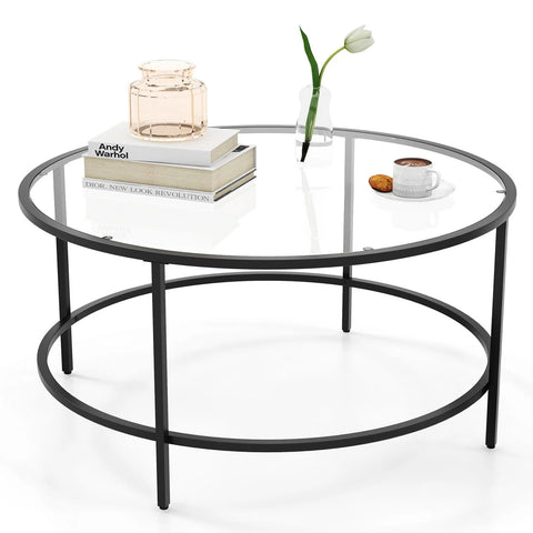 Stylish and Veratile Round Coffee Table with Tempered Glass Top