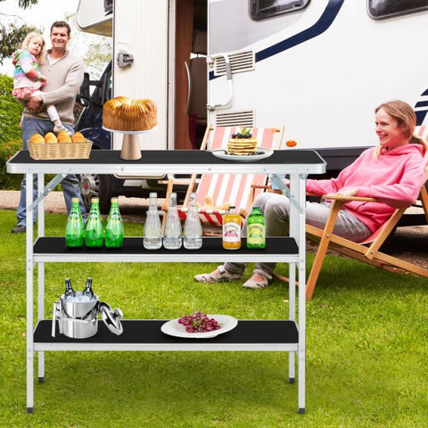 Outdoor Lightweight Aluminium Folding Picnic Table with 2-Tier Shelves and Carrying Bag