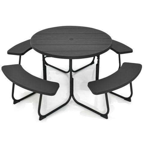 Patio 8 Person Round Picnic Table and Bench set with Umbrella Hole