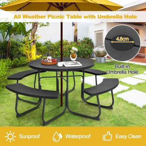 Patio 8 Person Round Picnic Table and Bench set with Umbrella Hole