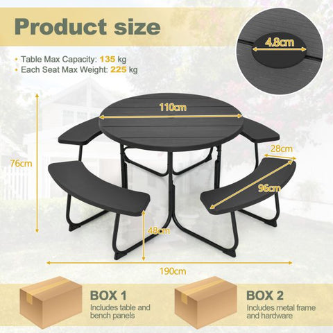 Patio 8 Person Round Picnic Table and Bench set with Umbrella Hole