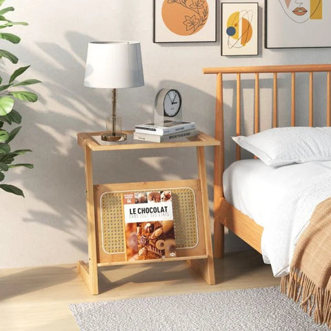 Stylish and vintage z-Shaped Side Table with Book Shelf and Glass Top