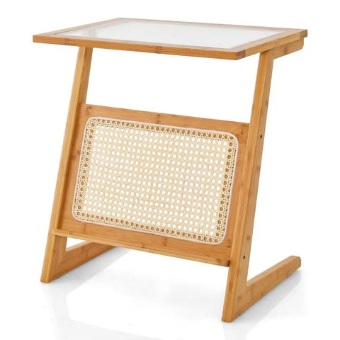 Stylish and vintage z-Shaped Side Table with Book Shelf and Glass Top