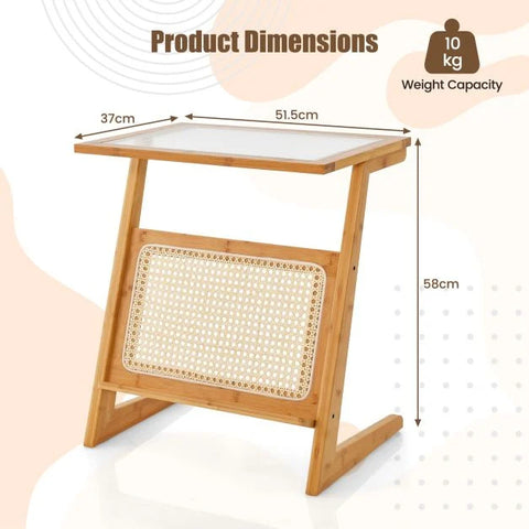 Stylish and vintage z-Shaped Side Table with Book Shelf and Glass Top