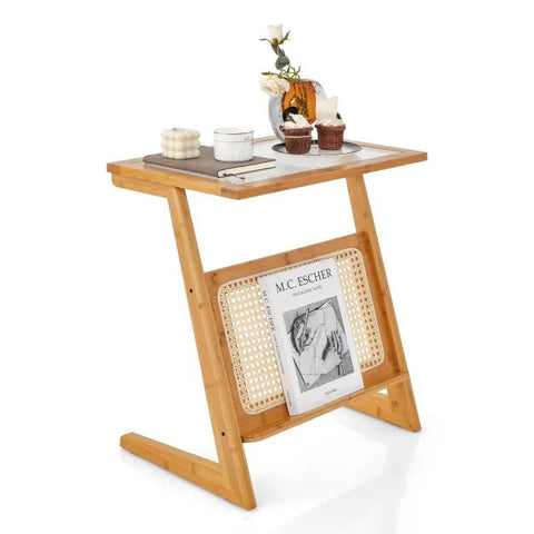 Stylish and vintage z-Shaped Side Table with Book Shelf and Glass Top