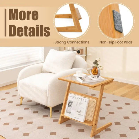Stylish and vintage z-Shaped Side Table with Book Shelf and Glass Top