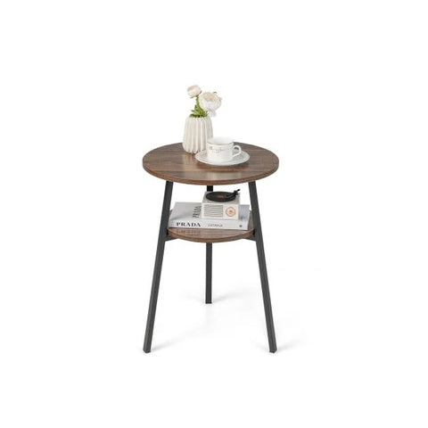 Elegant and Compact Round Side Table with Metal Frame and 2 Tier Storage