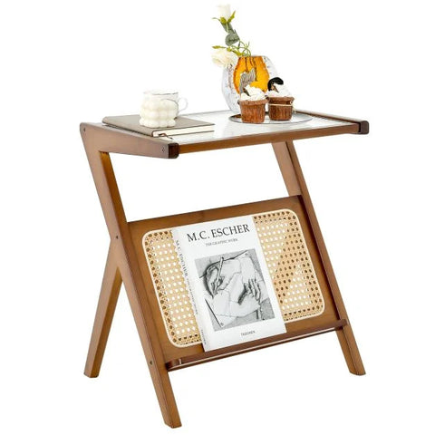 Compact Wood Side Table with Bamboo Frame and Tempered Glass Top