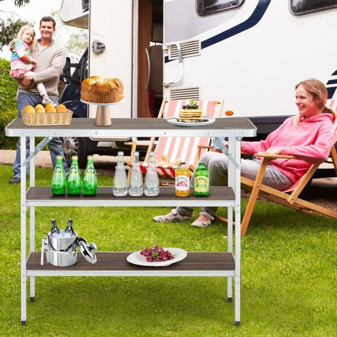 Outdoor Lightweight Aluminium Folding Picnic Table with 2-Tier Shelves and Carrying Bag