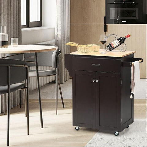 2-Door Kitchen Trolley Cart with Drawer and Spice Rack-Brown