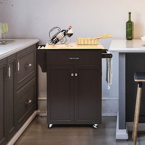 2-Door Kitchen Trolley Cart with Drawer and Spice Rack-Brown