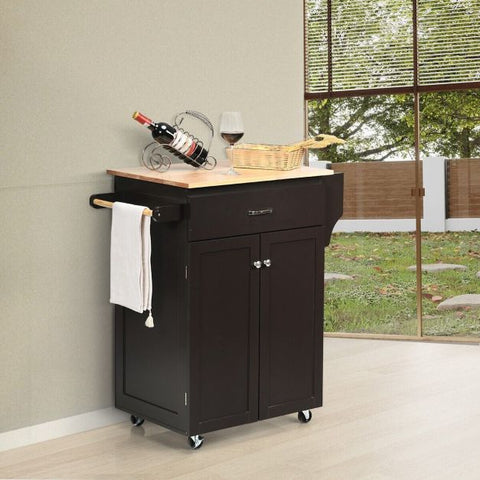 2-Door Kitchen Trolley Cart with Drawer and Spice Rack-Brown