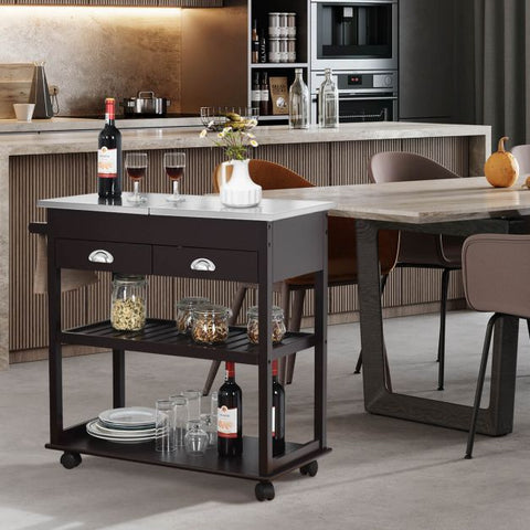 3-Tier Rolling Kitchen Island  Cart with Drawers-Brown
