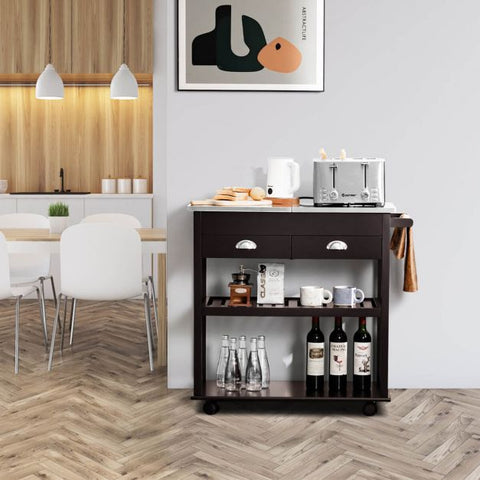 3-Tier Rolling Kitchen Island  Cart with Drawers-Brown