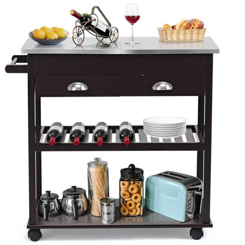 3-Tier Rolling Kitchen Island  Cart with Drawers-Brown