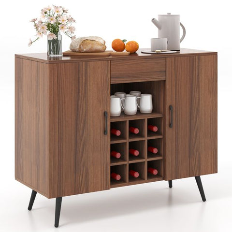 Sleek Server Cabinet with Integrated Wine Rack and Spacious Storage Design in Walnut