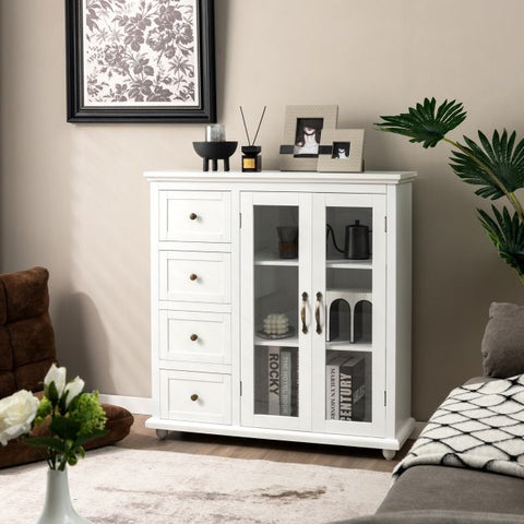 Vintage Accent Buffet Sideboard with Drawers and Tempered Glass Doors in White
