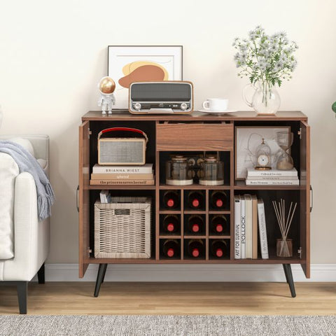 Sleek Server Cabinet with Integrated Wine Rack and Spacious Storage Design in Walnut