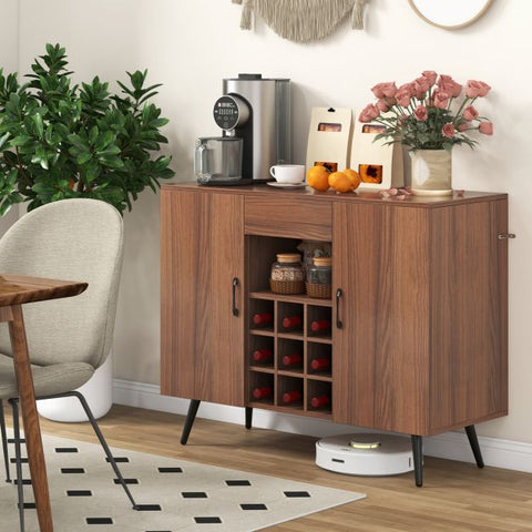 Sleek Server Cabinet with Integrated Wine Rack and Spacious Storage Design in Walnut
