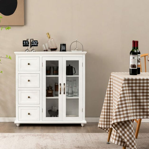 Vintage Accent Buffet Sideboard with Drawers and Tempered Glass Doors in White