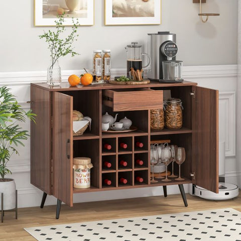 Sleek Server Cabinet with Integrated Wine Rack and Spacious Storage Design in Walnut